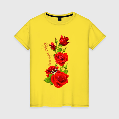 Женская футболка хлопок Прекрасная Оксана - букет из роз, цвет желтый