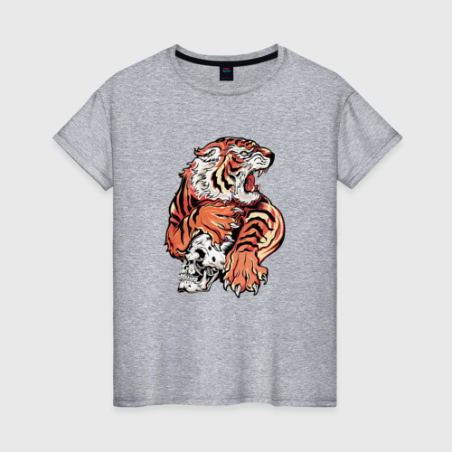 Женская футболка хлопок с принтом Свирепый японский тигр, вид спереди #2