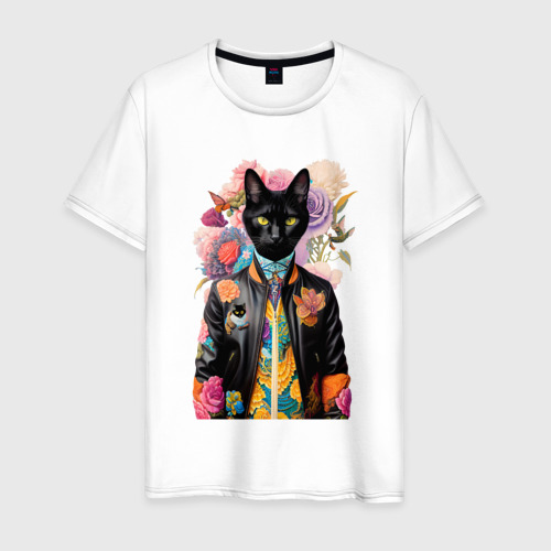 Мужская футболка из хлопка с принтом Чёрный кот модник - нейросеть, вид спереди №1