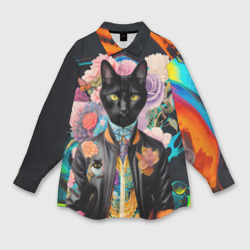 Женская рубашка oversize 3D Модный чёрный кот - нейросеть