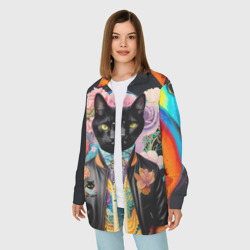 Женская рубашка oversize 3D Модный чёрный кот - нейросеть - фото 2
