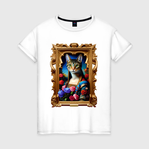 Женская футболка из хлопка с принтом Портрет кошки - нейросетевое искусство, вид спереди №1