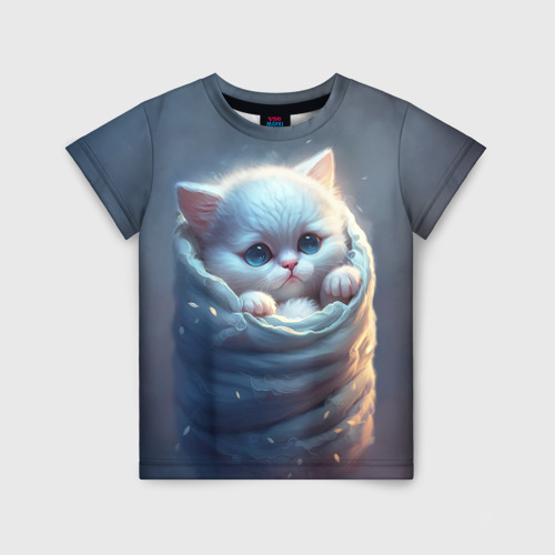 Детская футболка 3D с принтом Котик в мешке, вид спереди #2