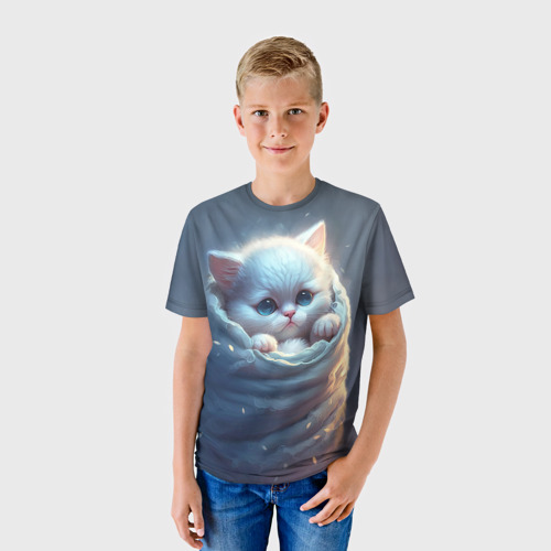 Детская футболка 3D с принтом Котик в мешке, фото на моделе #1