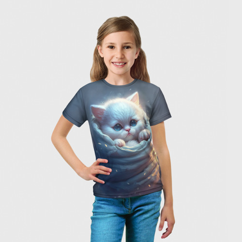Детская футболка 3D с принтом Котик в мешке, вид сбоку #3