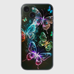 Чехол для iPhone 15 силиконовый с защитой камеры Неоновые дикие бабочки