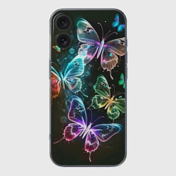 Чехол для iPhone 16 силиконовый с защитой камеры Неоновые дикие бабочки