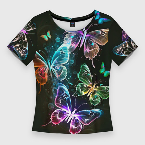 Женская приталенная футболка с принтом Неоновые дикие бабочки, вид спереди №1