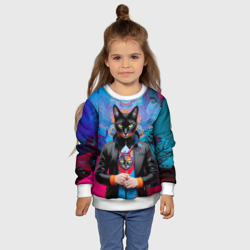Свитшот с принтом Чёрная модница кошка - нейросеть для ребенка, вид на модели спереди №4. Цвет основы: белый