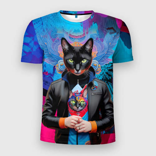 Мужская приталенная футболка с принтом Чёрная модница кошка - нейросеть, вид спереди №1