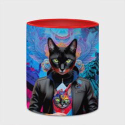 Кружка с принтом Чёрная модница кошка - нейросеть для любого человека, вид спереди №4. Цвет основы: белый + красный