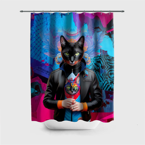 Штора для ванной с принтом Чёрная модница кошка - нейросеть, вид спереди №1
