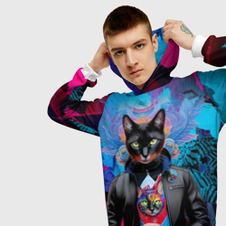 Толстовка с принтом Чёрная модница кошка - нейросеть для мужчины, вид на модели спереди №3. Цвет основы: белый
