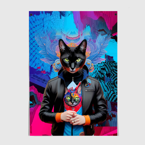 Постеры с принтом Чёрная модница кошка - нейросеть, вид спереди №1