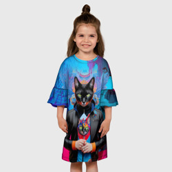 Платье с принтом Чёрная модница кошка - нейросеть для ребенка, вид на модели спереди №3. Цвет основы: белый