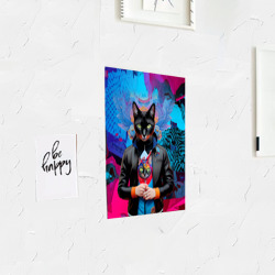 Постер с принтом Чёрная модница кошка - нейросеть для любого человека, вид спереди №3. Цвет основы: белый
