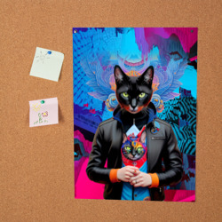 Постер с принтом Чёрная модница кошка - нейросеть для любого человека, вид спереди №2. Цвет основы: белый