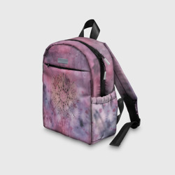 Рюкзак с принтом Мандала гармонии, фиолетовая, космос для ребенка, вид на модели спереди №3. Цвет основы: белый
