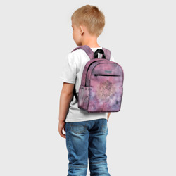 Рюкзак с принтом Мандала гармонии, фиолетовая, космос для ребенка, вид на модели спереди №2. Цвет основы: белый