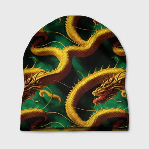Шапка с принтом Китайский золотой дракон в изумрудных водах, вид спереди №1