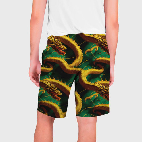 Мужские шорты 3D с принтом Китайский золотой дракон в изумрудных водах, вид сзади #1
