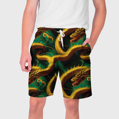 Мужские шорты 3D с принтом Китайский золотой дракон в изумрудных водах, вид спереди #2