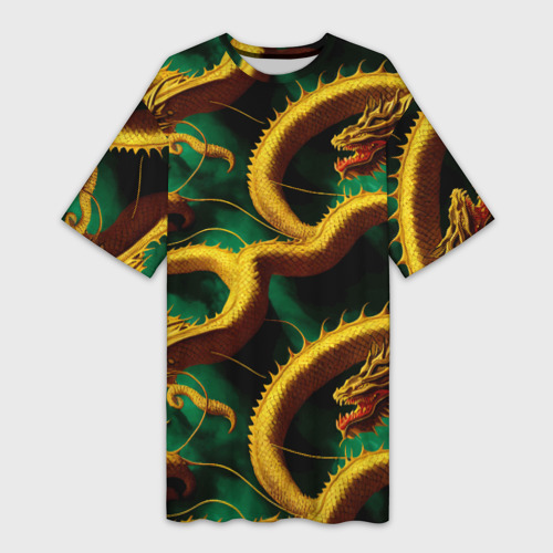 Платье-футболка с принтом Китайский золотой дракон в изумрудных водах, вид спереди №1