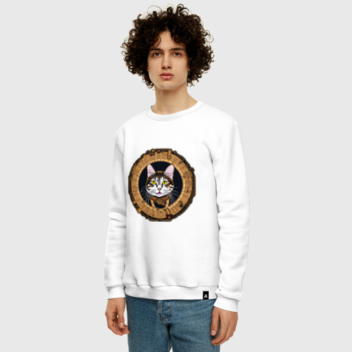 Мужской свитшот хлопок с принтом Стимпанк кот, фото на моделе #1