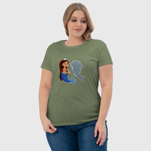 Женская футболка хлопок Дельфин и русалка, цвет авокадо - фото 6