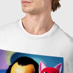 Футболка с принтом Salvador Dali and cat - pop art для мужчины, вид на модели спереди №4. Цвет основы: белый