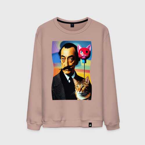 Мужской свитшот хлопок Salvador Dali and cat - pop art, цвет пыльно-розовый