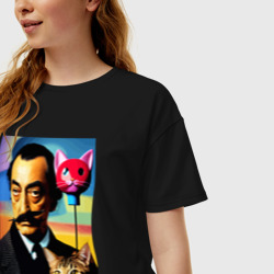 Женская футболка хлопок Oversize Salvador Dali and cat - pop art - фото 2