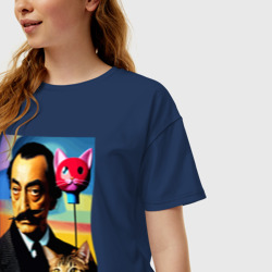 Женская футболка хлопок Oversize Salvador Dali and cat - pop art - фото 2