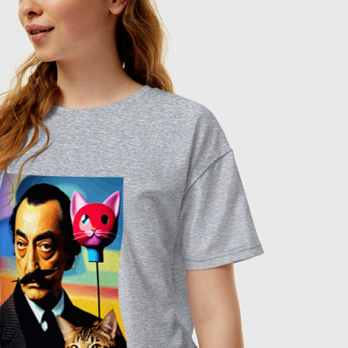 Женская футболка хлопок Oversize Salvador Dali and cat - pop art, цвет меланж - фото 3