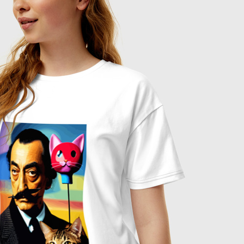 Женская футболка хлопок Oversize с принтом Salvador Dali and cat - pop art, фото на моделе #1