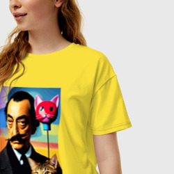 Женская футболка хлопок Oversize Salvador Dali and cat - pop art - фото 2