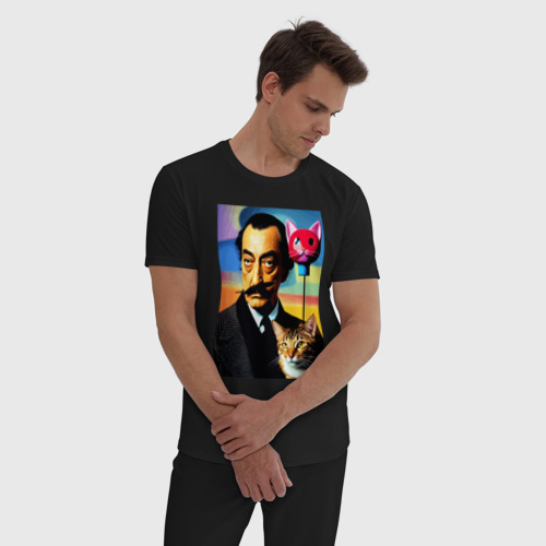 Мужская пижама хлопок Salvador Dali and cat - pop art, цвет черный - фото 3
