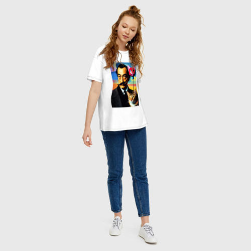 Женская футболка хлопок Oversize с принтом Salvador Dali and cat - pop art, вид сбоку #3
