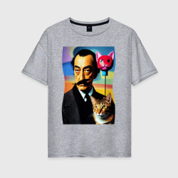 Женская футболка хлопок Oversize Salvador Dali and cat - pop art