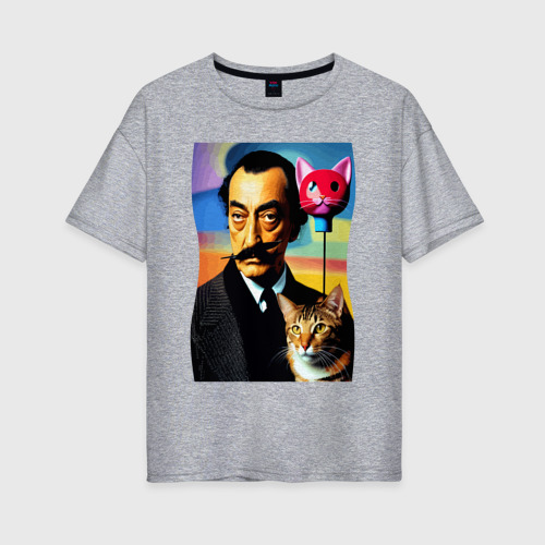 Женская футболка хлопок Oversize Salvador Dali and cat - pop art, цвет меланж