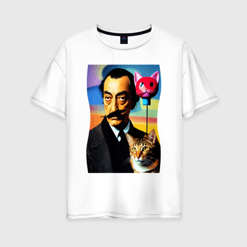 Женская футболка хлопок Oversize с принтом Salvador Dali and cat - pop art, вид спереди #2