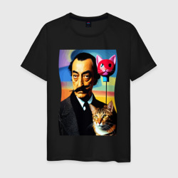 Salvador Dali and cat - pop art – Мужская футболка хлопок с принтом купить со скидкой в -20%