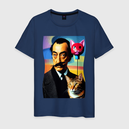 Мужская футболка хлопок Salvador Dali and cat - pop art, цвет темно-синий