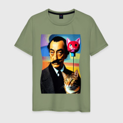 Salvador Dali and cat - pop art – Мужская футболка хлопок с принтом купить со скидкой в -20%