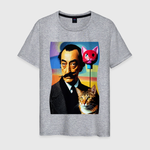 Мужская футболка хлопок Salvador Dali and cat - pop art, цвет меланж