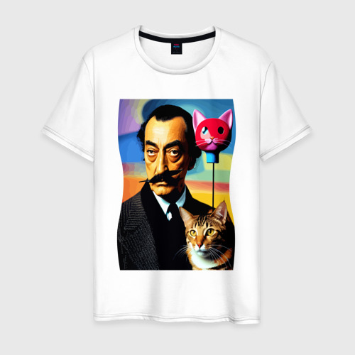 Мужская футболка из хлопка с принтом Salvador Dali and cat - pop art, вид спереди №1