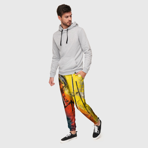 Мужские брюки 3D с принтом Стильное жёлто-красное граффити, фото на моделе #1
