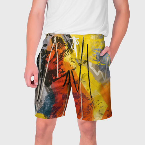 Мужские шорты 3D с принтом Стильное жёлто-красное граффити, вид спереди #2