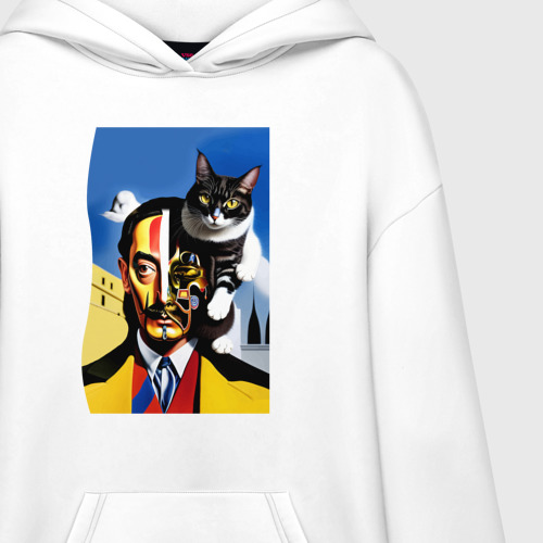 Худи SuperOversize хлопок Salvador Dali and his cat - pop art  surrealism, цвет белый - фото 3