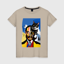 Женская футболка хлопок Salvador Dali and his cat - pop art  surrealism